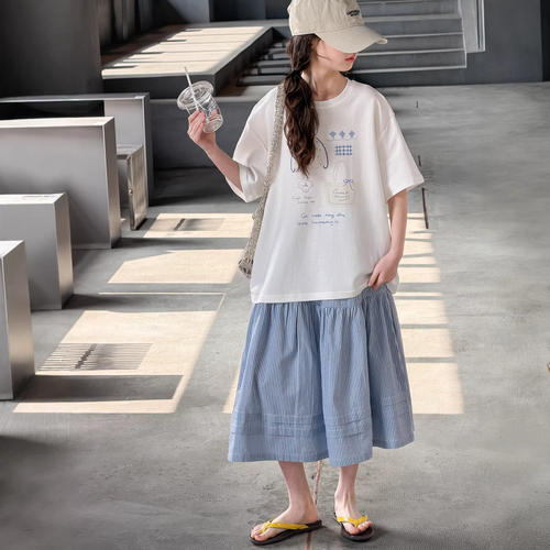 女童夏季休闲风半身裙套装2026新款儿童洋气短袖T恤半身裙两件套