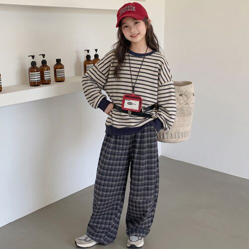 女童条纹宽松卫衣2026秋季新款中大童洋气时尚秋装上衣阔腿裤套装