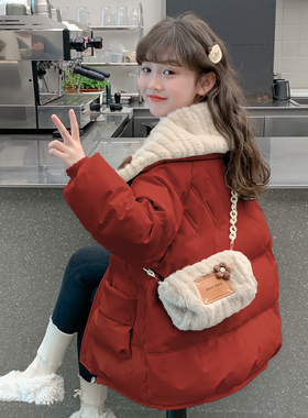 女童冬装棉服2025新款红色拜年服加厚外套儿童冬季保暖中长款棉袄