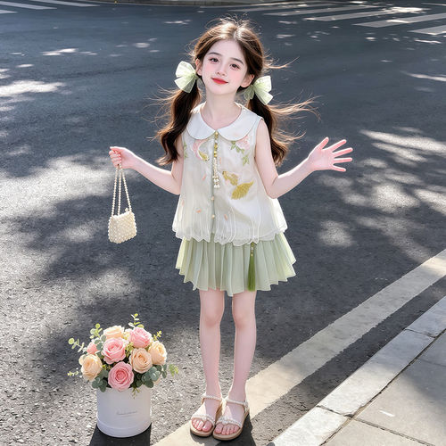 女童汉服连衣裙套装2026夏季女孩新中式刺绣娃娃领演出服古风裙子