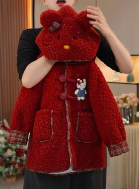 女童加绒外套秋冬款2025新款儿童羊羔绒毛毛衣冬季女孩红色拜年服