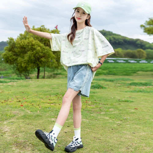 女童圆领短袖T恤夏装2026新款儿童洋气薄款夏装女童休闲T恤二件套