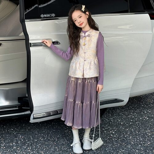 女童新中式提花马甲套装春秋款2026新款儿童春秋国风小女孩三件套