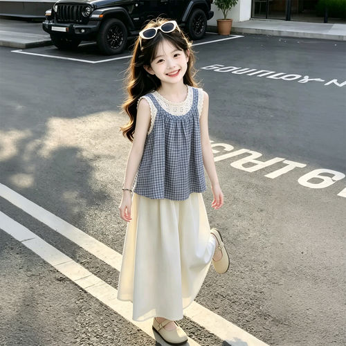女童薄款无袖格子衫套装2026夏季新款洋气儿童夏装女童裙裤两件套