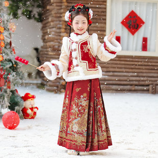 女童格格服过年加厚新款明制汉服冬季日常红色中国风装拜年服套装