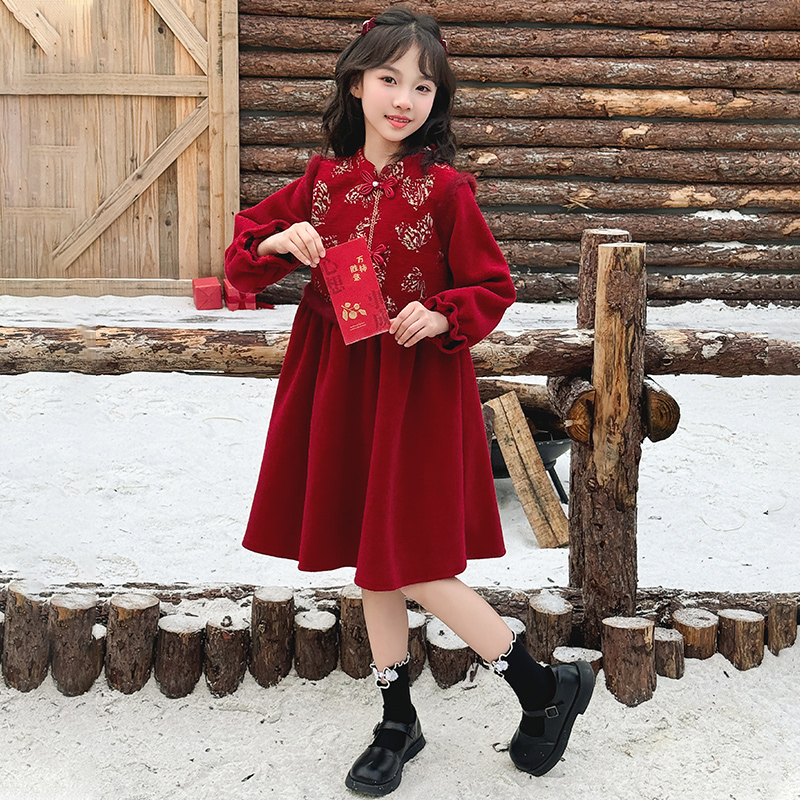 女童加绒连衣裙2025冬季新款儿童新年衣服拜年服女孩红色过年裙子