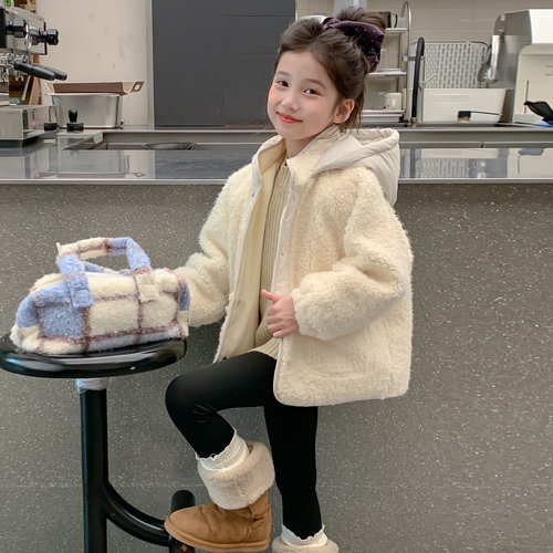 女童秋冬装外套2025新款儿童洋气女孩保暖加绒加厚连帽棉袄毛毛衣