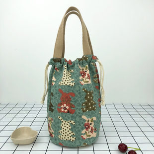 日式手提袋保温饭盒袋午餐包便当包帆布带饭学生圆桶保温桶圆形