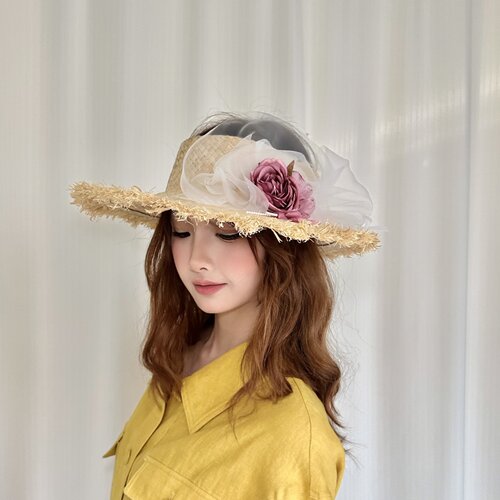 原创法式欧根纱花朵空顶毛边拉菲草帽子女夏季出游遮阳防晒草帽潮