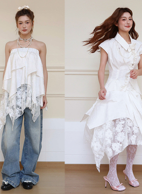 SelfMing两穿层叠皱缎拼接法式刺绣蕾丝不规则半身裙抹胸裙