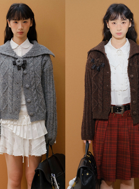 SelfMing含羊毛钩花领结绞花翻领高领针织外套开衫松弛毛衣