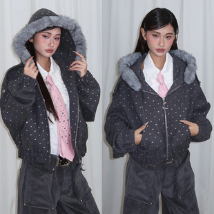 SelfMing烫金星星羊毛呢加绒廓形感短卫衣连帽可拆毛领外套夹克