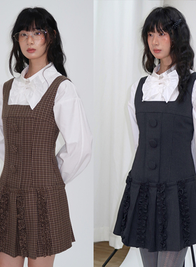 SelfMing条纹格纹精纺百褶花边拼接学院秋冬吊带连衣裙