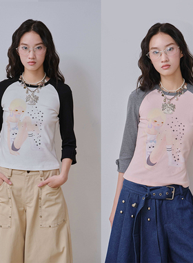 SelfMing原创印花爱猫女孩撞色插肩袖弹力七分袖T恤上衣