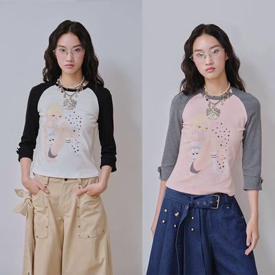 印花撞色插肩袖七分袖T恤上衣