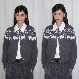 SelfMing紫色小羊费尔岛提花灰色针织开衫长袖外套经典氛围感开衫