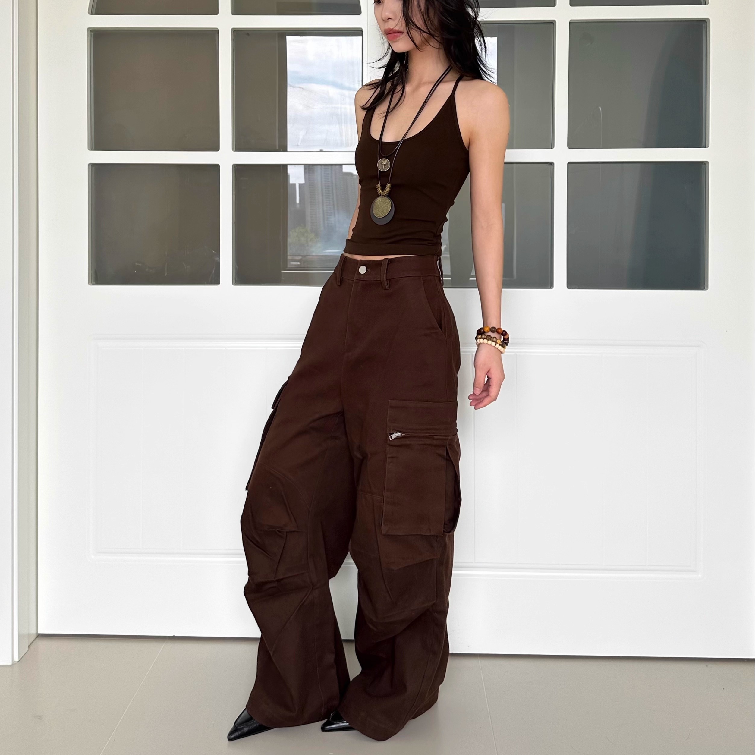 WORK DAY工作日 经典休闲棕色硬挺阔腿宽松直筒工装裤拖地长裤