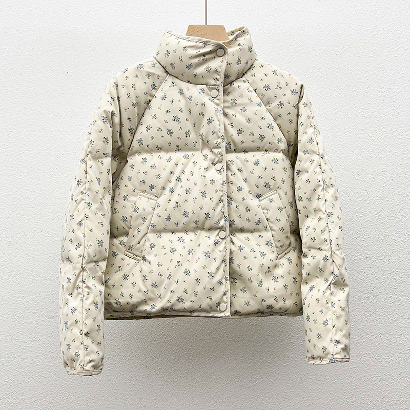 印花短款羽绒服女VHM校园风立领