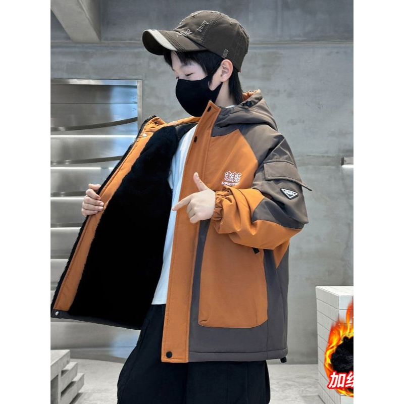 男童冬装加绒外套2025新款中大童男孩冬季加厚派克服儿童冬款棉衣