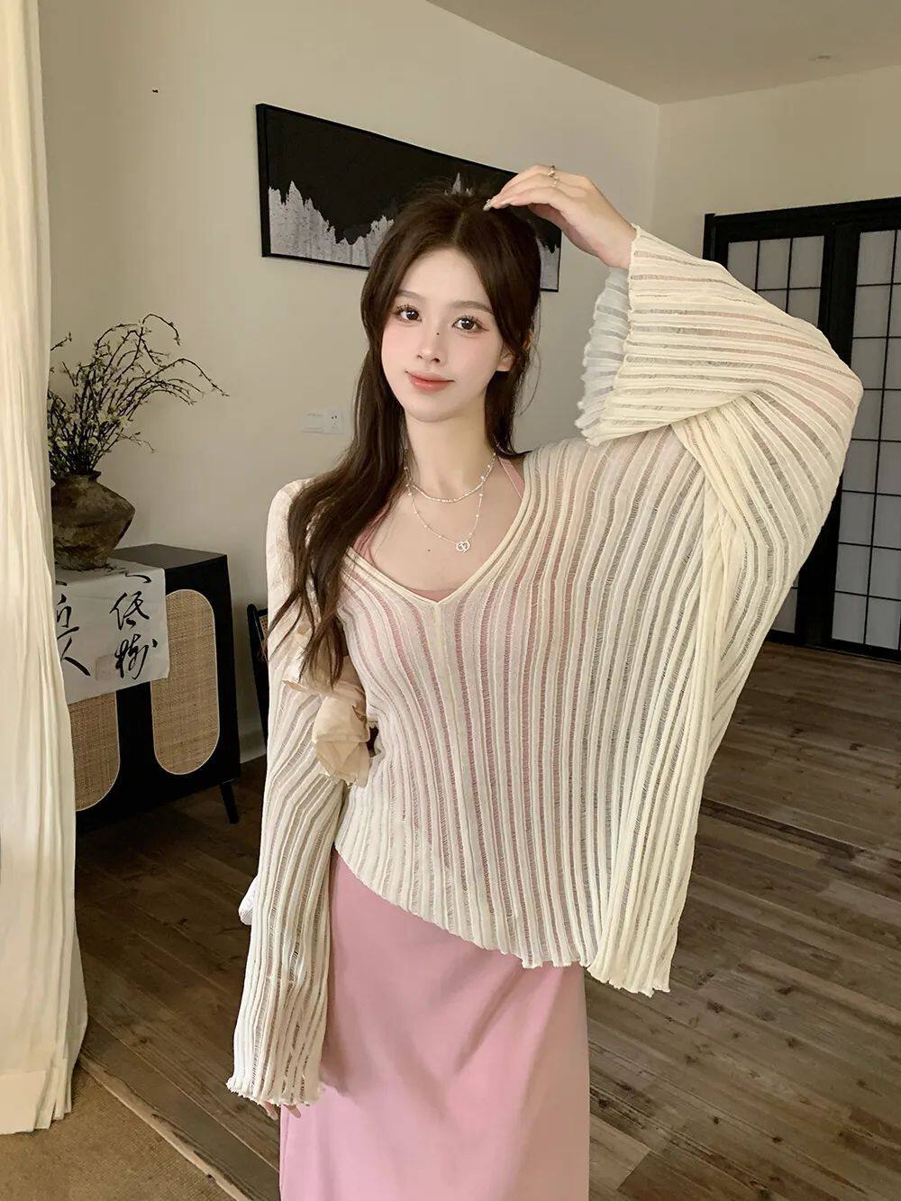 慵懒风穿搭小个子一整套女夏季新款薄款罩衫气质吊带连衣裙两件套