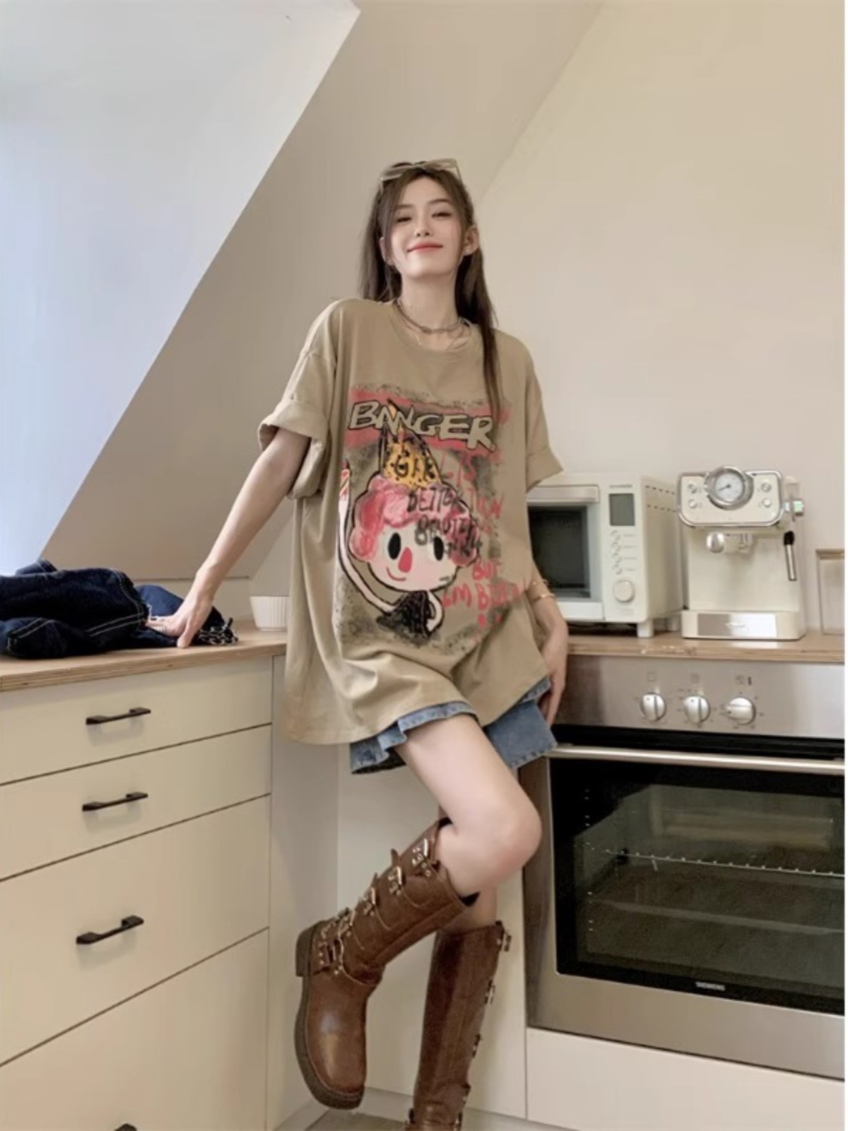 大码胖MM美式复古潮牌正肩短袖t恤女夏季新款宽松中长款半袖上衣