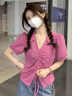 微胖V领正肩短袖 大码 抽绳短款 女装 T恤 胖美眉遮肚显瘦上衣2024夏季