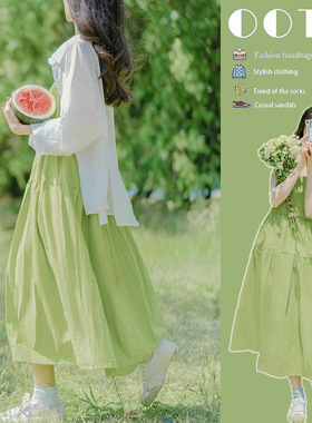 森系绿色梨形身材连衣裙女夏季清新甜美小个子小众风韩式穿搭裙子