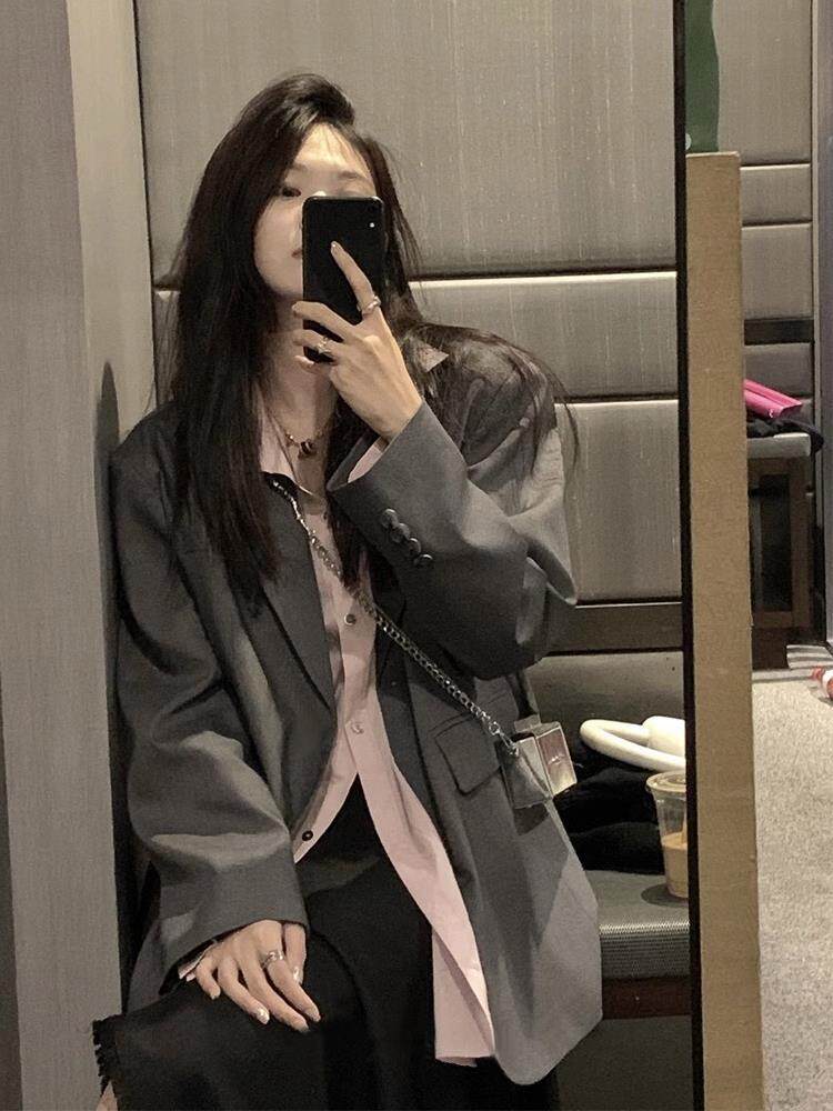 深灰色西装外套女oversize大码高级设计感宽松休闲风小众小西服女