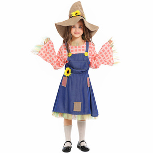万圣节儿童乞丐装cosplay服装女童木偶格子连衣裙补丁稻草扮演服