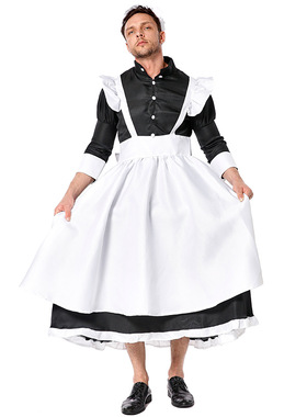 欧美加大码黑白色女佣服女仆装年会男款反串搞笑演出服连衣裙围裙