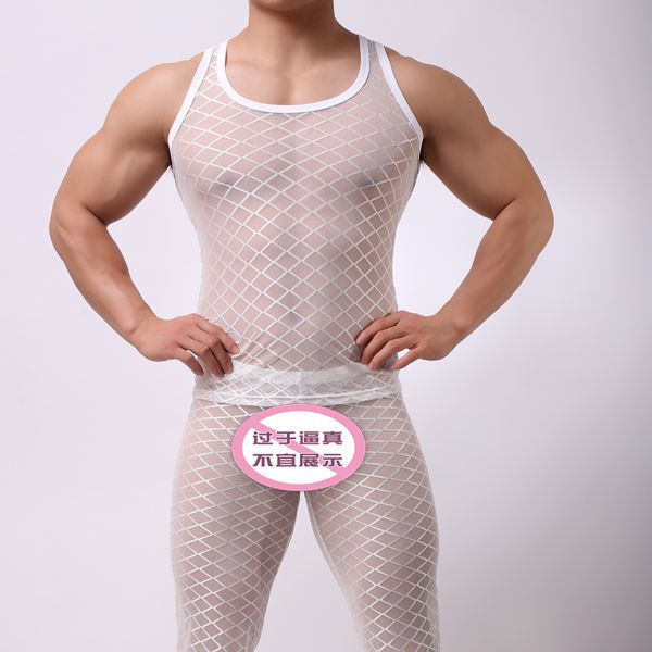 夏季男士菱形格子网纱透视背心夜店性感情趣服装紧身超薄透明上衣