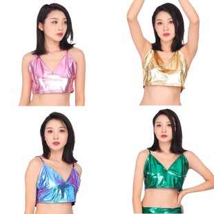 女士性感V领低胸小背心金色亮面仿皮吊带胸衣漆皮文胸夜店表演服