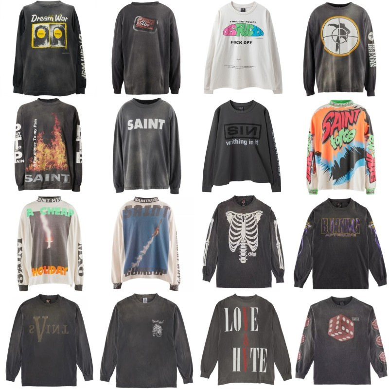 美式saint michael做旧长袖潮牌T恤男士情侣薄款卫衣秋冬季女上衣