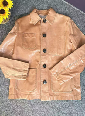 蘑菇英国代 B*V 浅橙色38码胸围110牛皮外套