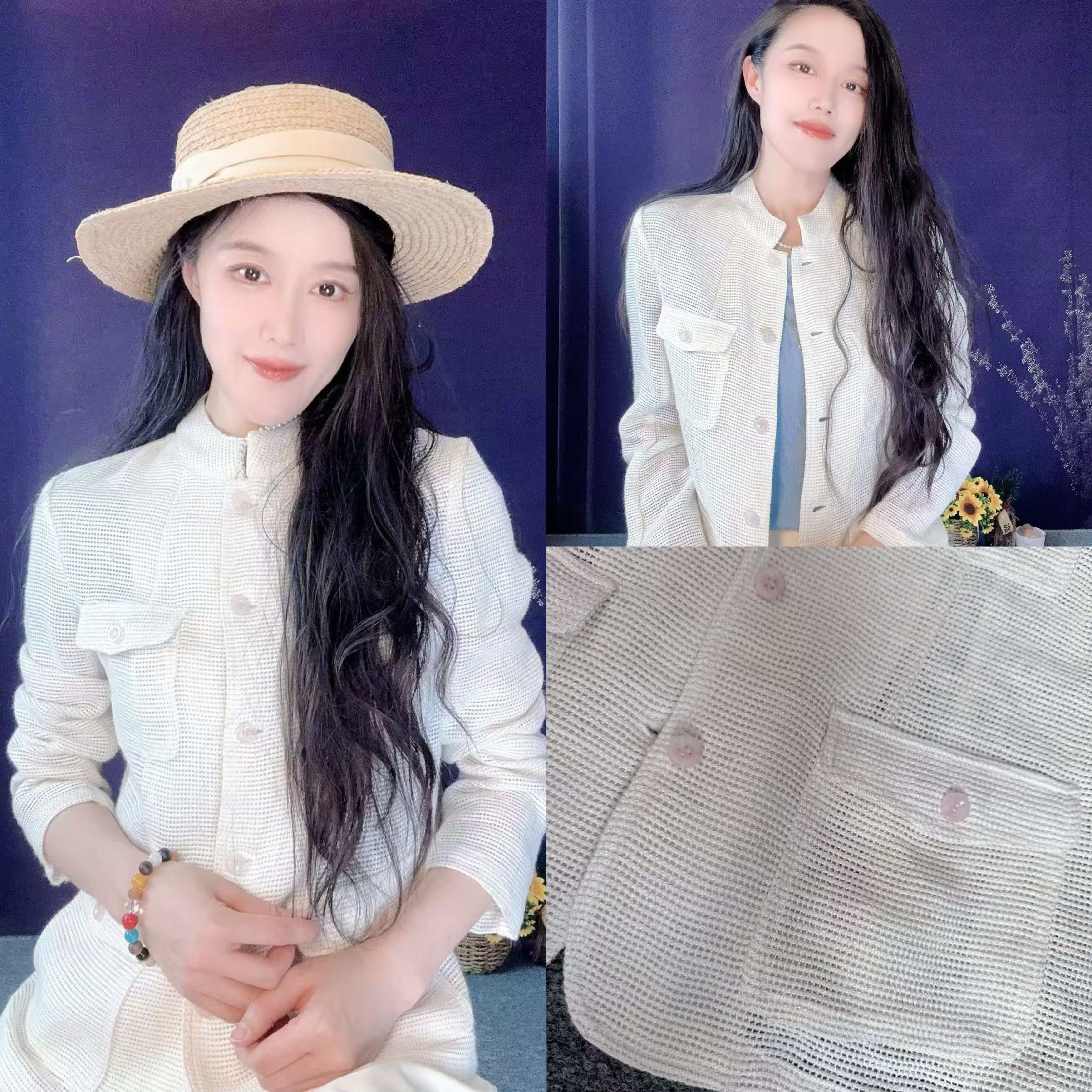 蘑菇英国代购 TYZHURA 特价  26早春白色小香风亚 麻镂空立领外套