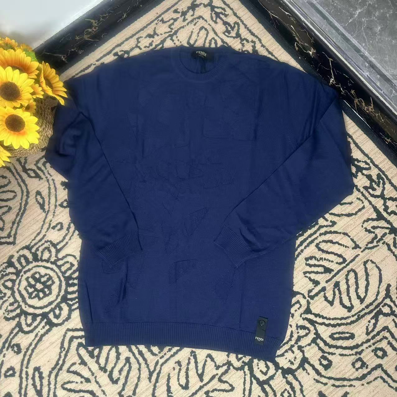 蘑菇英国代 男士 深蓝色暗纹圆领羊毛针织毛衣 48码胸围108肩宽44