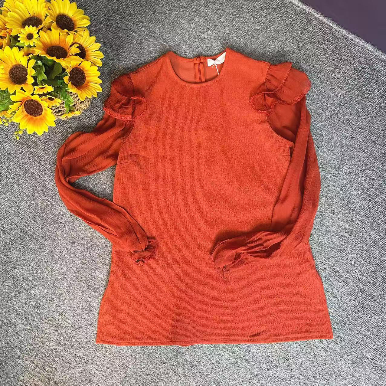 蘑菇英国代 橙棕色花边袖肩长袖衬衫 S码胸围90