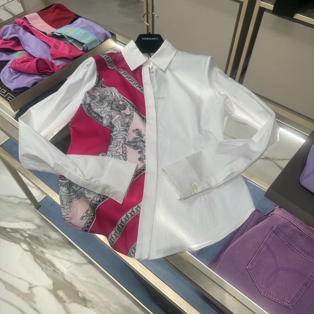 蘑菇姐姐 1折多 经典白色拼接玫粉色印花衬衫 46码胸围110