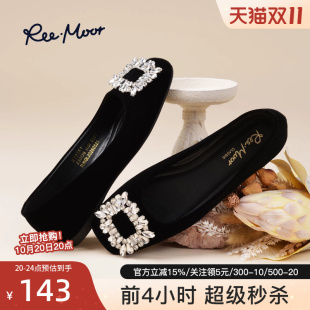 reemoor睿慕水钻方扣浅口单鞋女黑色平底通勤鞋百搭舒适女鞋