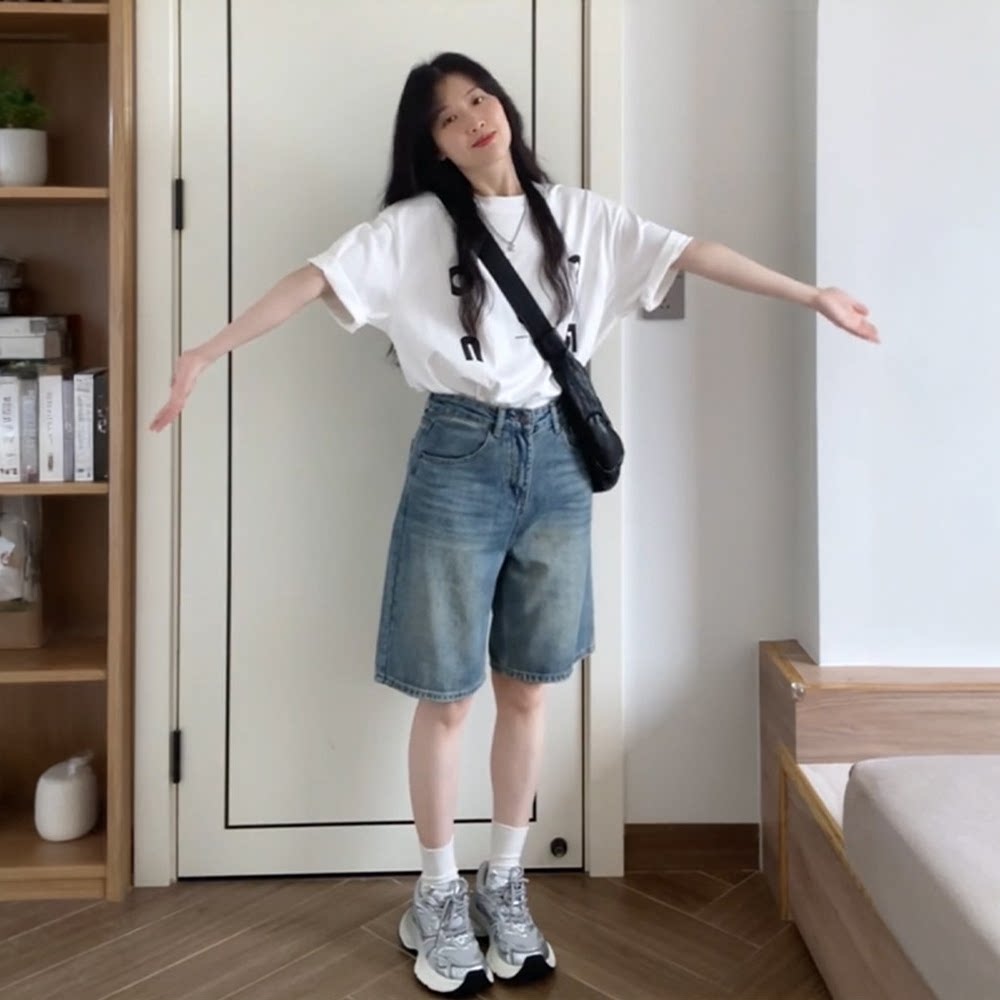 复古蓝高腰牛仔短裤女夏天外穿百搭薄款小个子宽松显瘦直筒五分裤图片