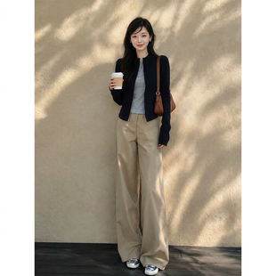 纯欲风气质卡其色阔腿裤高腰宽松显瘦直筒牛仔裤女款爆款2026流行