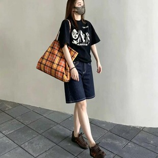 深蓝色高腰牛仔短裤女夏季薄款大码胖mm宽松显瘦弹力百搭五分裤