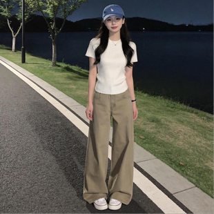 卡其色高腰显瘦小个子阔腿牛仔裤女款2026秋季新款爆款宽松直筒裤