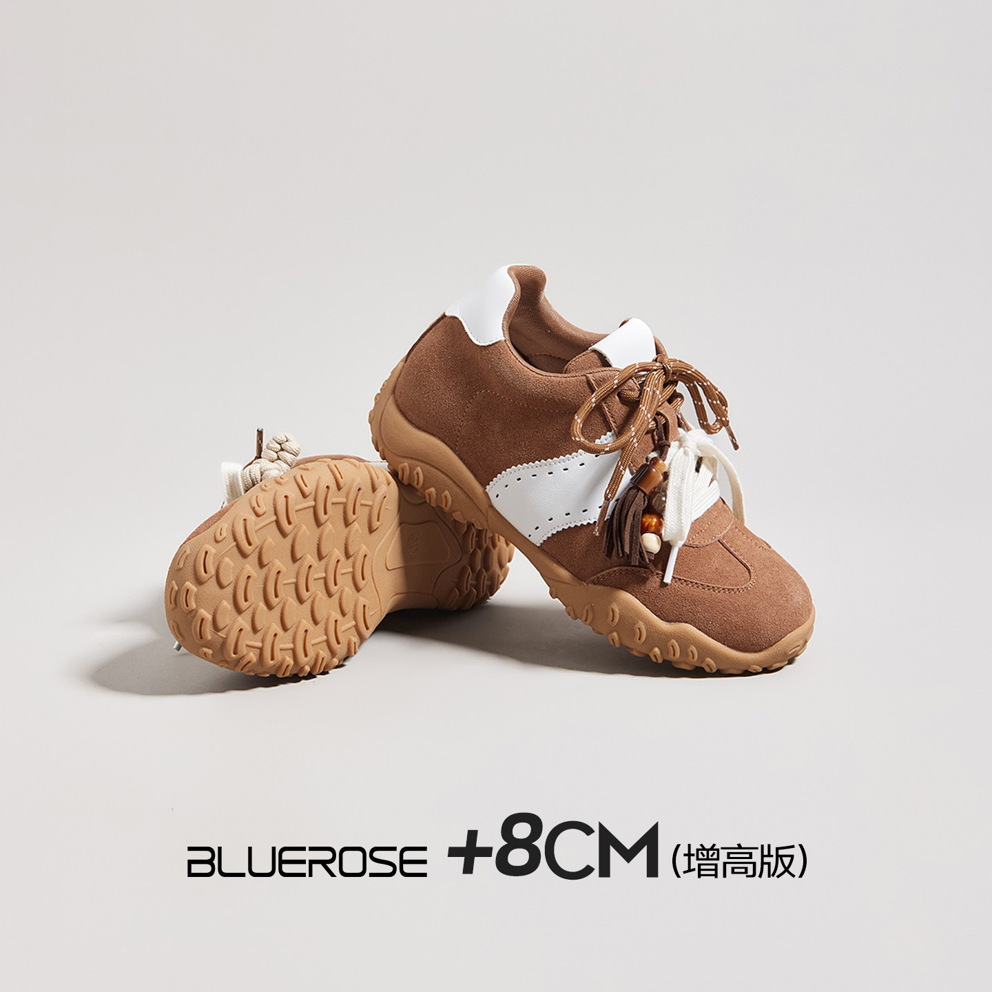 卡其色真皮德训鞋女2026新款8cm厚底内增高超火巨好看运动休闲鞋