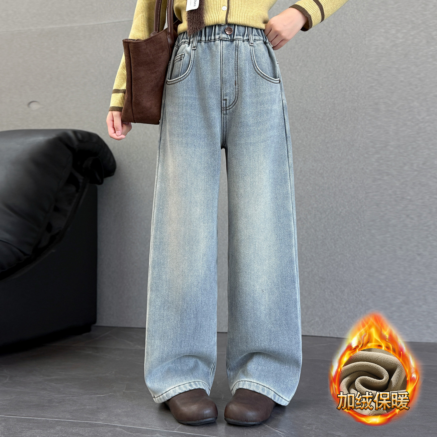 女童牛仔裤秋冬款2025新款冬装中大童洋气直筒裤韩版加绒阔腿裤子