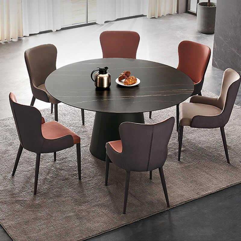 羽俙碧意式极简圆形岩板餐桌椅组合轻奢大理石餐桌圆桌带转盘6人8