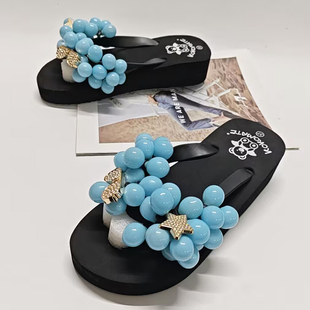 海边沙滩凉拖网红鞋 DIY葡萄拖鞋 甜美沙滩人字拖厚底松糕跟凉拖鞋