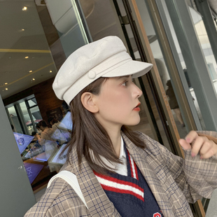 帽子棉麻平顶女网红同款春夏天百搭时尚休闲贝雷帽英伦鸭舌报童帽