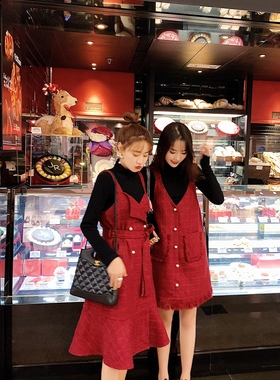 112019春装新款潮流女装 粗花呢V领吊带很仙的红色连衣裙闺蜜装女