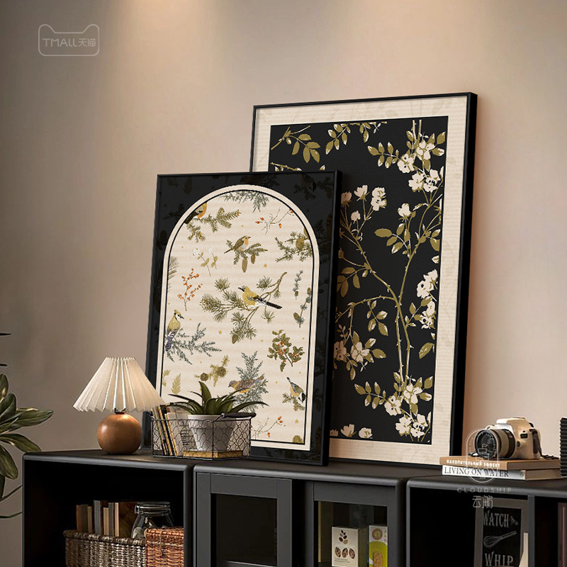 法式中古风花鸟客厅玄关装饰画高级感卧室书桌电视桌面摆件画挂画